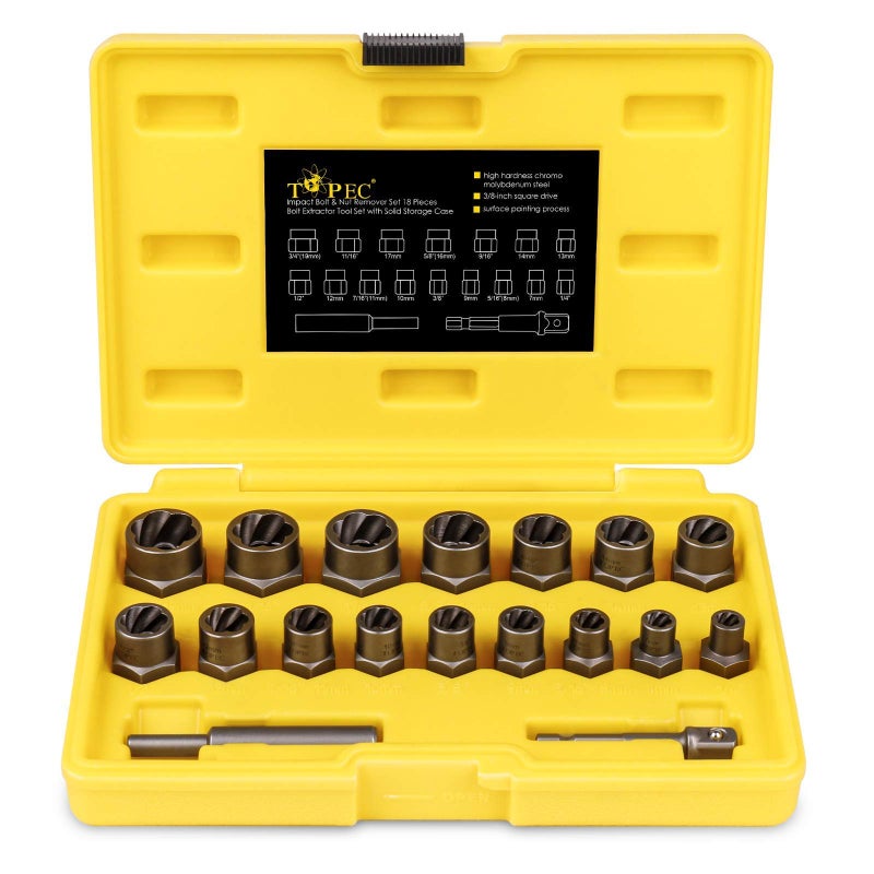 Topec 18-Piece Stripped Bolt Extractor Kit  3/8"" Drive Rounded Bolt & Nut Remover  Lug Nut Removal Tool with Hex Adapter  Extractor Socket Set for Damaged Fasteners - Image 1